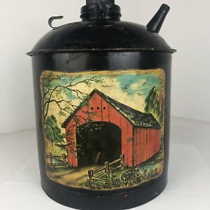 Original Covered Bridge Folk Art Painting Gas Oil Can Country Farmhouse