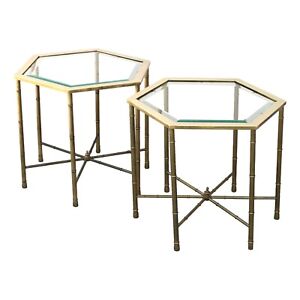 Authentic Pair Vintage Mastercraft Faux Bamboo Hexagonal Brass End Accent Tables