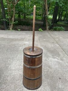 Antique Brown Wooden Primitive Farmhouse Butter Churn With Lid And Dasher Banded
