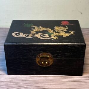 18cm Natural Ebony Wood Handwork Inlay Shell Dragon Jewelry Box Storage Box