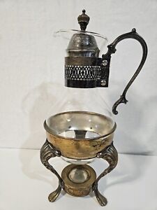 Vintage Silver Plated And Glass Coffee Tea Carafe Pot With Warmer Stand