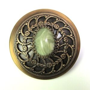 Antique Gay 90s Large Jewel Button 1 3 4 Filigree Flowers Green Slag Glass