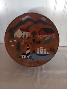 Wooden Round Cheese Box Folk Art Primitive Painted New England Scene 9 5