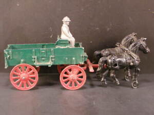 Vintage Stanley Horse Drawn Farm Hay Work Cast Wagon W Driver Toy Original Paint