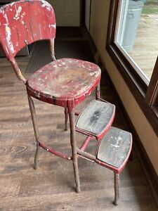 Cosco Stylaire Retro Vintage 50 S Counter Chair Step Stool Red Metal Chrome
