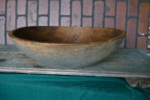 Antique 19th C Circa 1850 Large Turned Wood Bowl Original Blue Gray Paint 16 In 