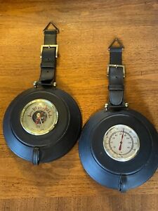 Rare Antique German Ship Nautical Barometer Thermometer Set Leather Wrapped