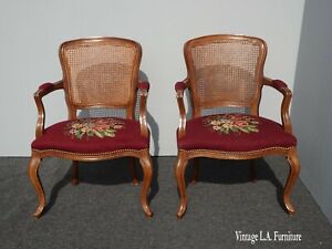 Pair Of Vintage French Country Burgundy Needlepoint Tapestry Cane Bergere Chairs