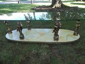 Vintage Hollywood Regency Faux Marble Metal Cherub Glass Top Coffee Table