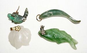 4pc Vintage Chinese Jadeite Jade Fish Eel Peach Motif Pendants 