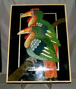 Rare Painted Under Glass Sous Verre Senegal Parrots Artist Signed Cheikh Diop 