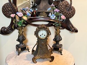 Claude Bonnefond Art Nouveau Trio Gilded Spelter Figural Clock And Two Vases