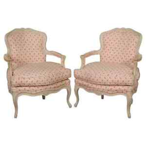 Pair French White Paint Decorated Carved Louis Xv Bergere Armchairs Circa 1940s