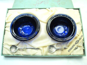 Vintage Webster Sterling Salt Cellars Cobalt Glass Inserts Spoons In Orig Box