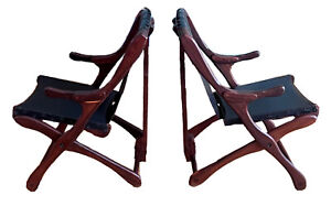 2 Shoemaker Senal Brazil Rosewood Leather Mcm Sling Lounge Chair Vtg Modern Wood