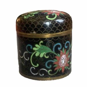 Vintage Black Cloisonne Enamel Tea Caddy Tobacco Trinket Box Floral Design
