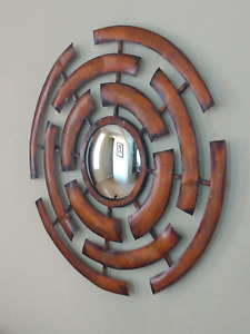 Vtg Large Convex Round Metal Sunburst Starburst Wall Mirror Mcm Art Deco Regency