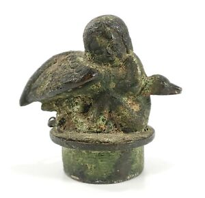 Antique Ancient Bronze Verdigris Vessel Top With Putto Holding A Swan