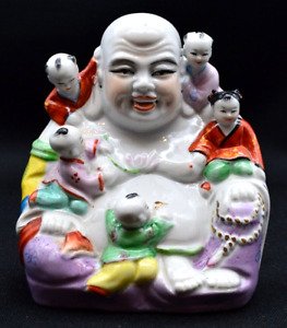 Vintage Famille Rose Laughing Buddha With 5 Children Chinese Porcelain Figurine