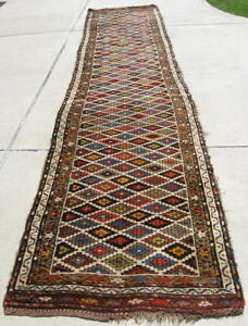 Great Antique All Wool Jaff Kurd Runner Diamonds Color 38x172 Inches 97x437 Cm