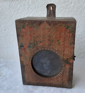 Antique Primitive Wooden Alarm Clock Box Hand Painted With Glass 7 