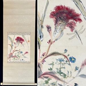 Japanese Painting Dragonfly Hanger Scroll Autumn Japan Thistle Vintage F837