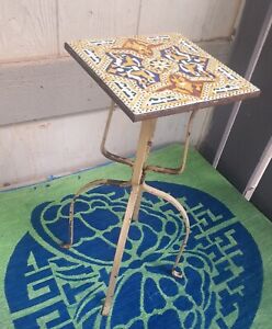 Vintage Spanish Revival 18 T Hand Wrought Iron Stand 8 X8 Painted Tile Top Table