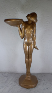 Large 26 In French Art Deco Bronzed Sculpture Nude Girl Holding Tray 1920s