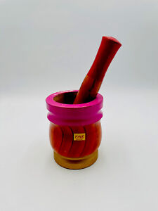 Vintage Primitive Colorful Hand Painted Wood Set Mortar And Pestle Spices Herbal