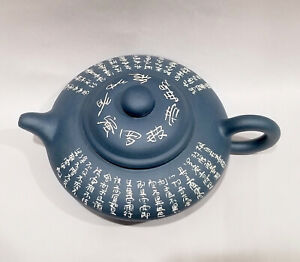 Vintage Yixing Clay Tea Pot Blue With Hand Carved Chinese Calligraphy