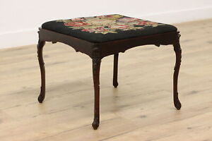 Country French Antique Carved Bench Or Footstool Needlepoint 45213