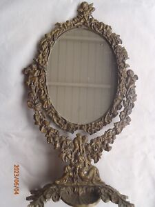 Ornate French Victorian Cherub Shell Bronze Brass Tilt Vanity Mirror Frame Only