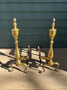 Pair Of Antique Fireplace Andirons Brass Firedogs 20 Tall