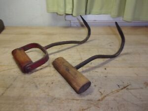 Vintage Lot Of 2 Wooden Handle Iron Steel Bale Hooks D Handle And T Handle