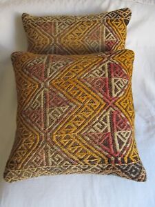 Turkish Kilim Pillow Cover 16 X16 Old Vintage Kilim Pillow Cover Set Of Two