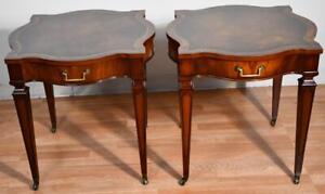1930 Weiman English Regency Mahogany Leather Top Pair Side Tables End Tables