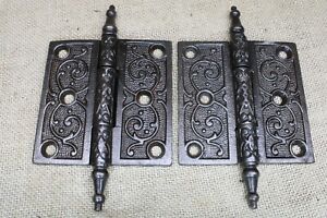 2 Old Door Hinges 3 1 2 X 3 1 2 Antique Steeple Top Vintage Clean Cast Iron Atl