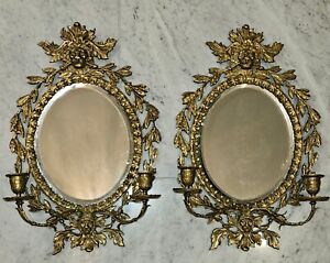 Pair Of Early 1900s Brass Bronze Lion Head Wall Mirrors 2 Arm Candelabras Ornant