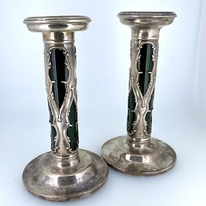 Antique English 1905 William Henry Sparrow Sterling Green Glass Candlesticks