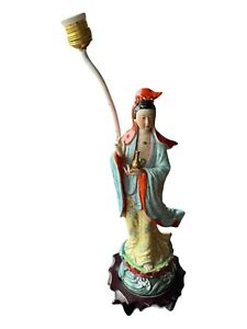 Antique Chinese Bisque Porcelain Guan Yin Lamp 16 Inches Tall 1940s