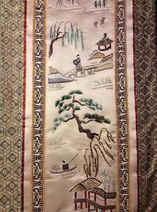 Antique Early 20th C Chinese Embroidered Silk Panel Fishermen Embroidery 2 