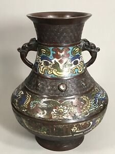 Old Chinese Bronze Champleve Vase 12 Drilled For Lamp