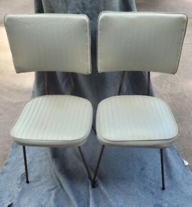 Two 1950s Mid Century Modern Mcm White Vinyl Metal Kitchen Dinette Chairs