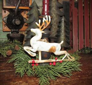 Prim Antique Vtg Style Christmas Santa S Reindeer Embossed Hanging Tin Ornament