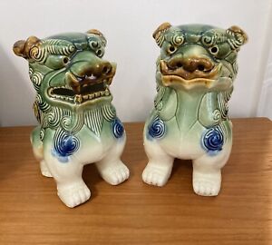 Pair Large Majolica Green Blue Foo Dog Lion Statues Buddhist 10 Fu Vintage