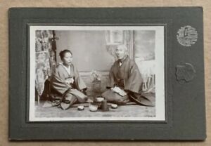 Rare 1900s Japan Old Photo Portrait Of Japanese Husband Wife W Cup Tea Things