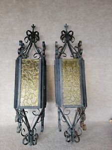 Vintage Large 31 Spanish Revival Wrought Iron Porch Sconce Light Amber Glass 2
