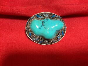 Vintage Chinese Sterling Silver 15 Gr Enamel Turquoise Broch Part Of A Set 2 