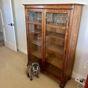 Larkin Antique Arts Crafts Mission Oak Bookcase With Stained Glass Doors