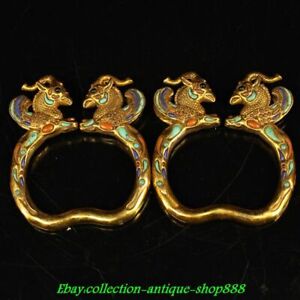China Bronze Gilt Inlay Turquoise Phoenix Noble People Bracelet Hand Chain Pair